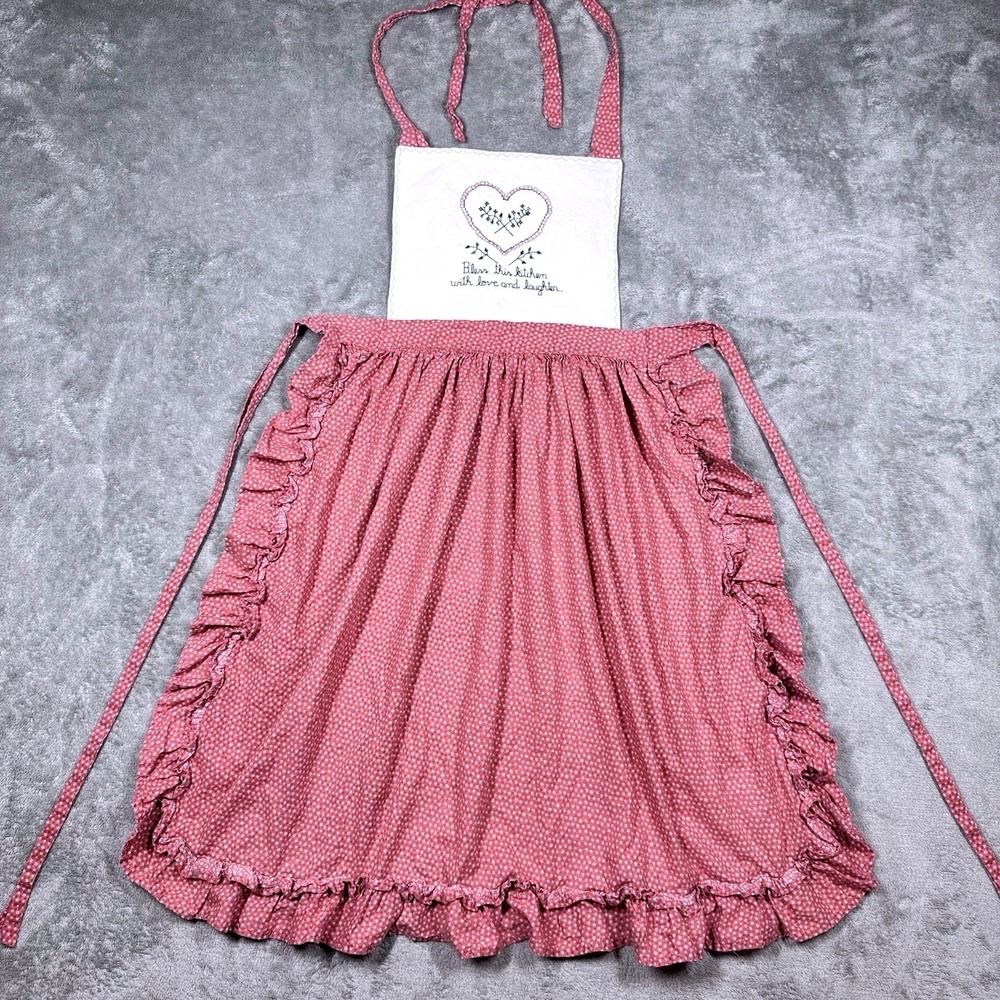 Pink Polka Dot Full Bib Apron Ruffle Trim Embroidered Heart Country Kitchen